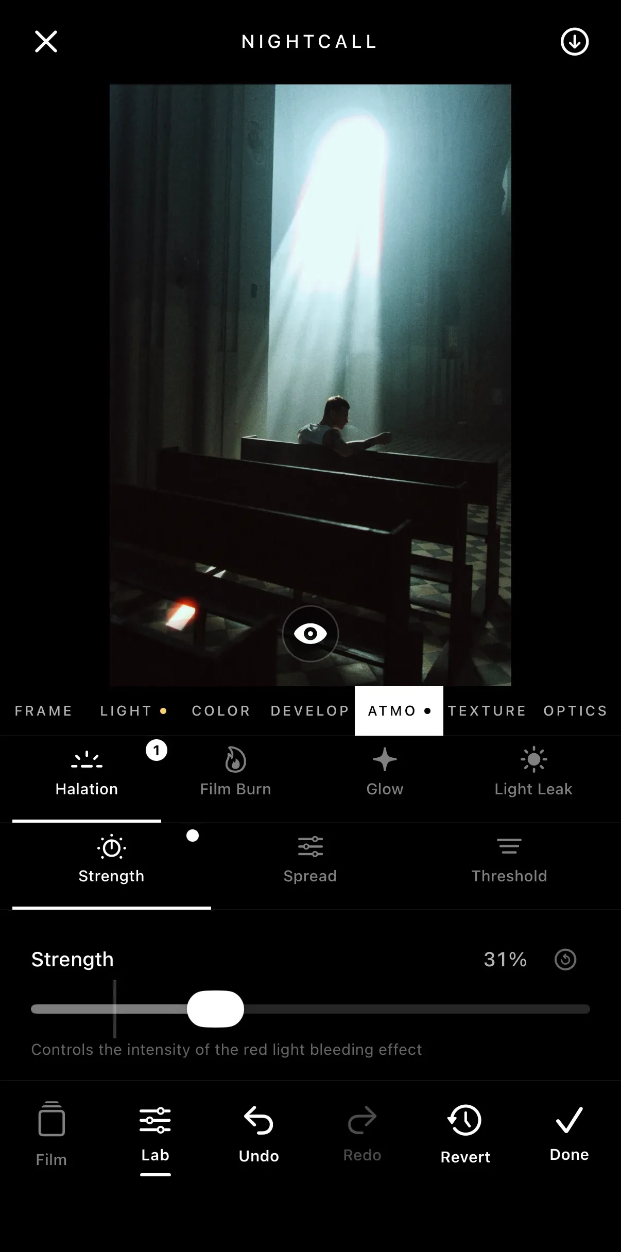 The Lab's Atmosphere tab with the halation strength slider at 31 percent