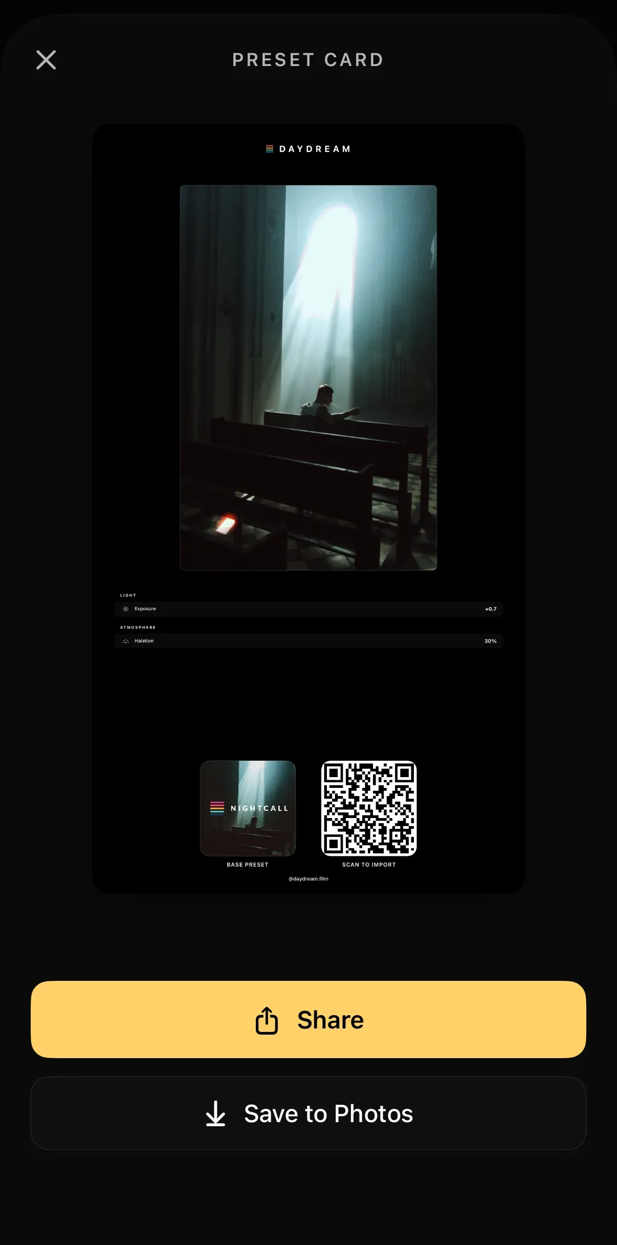 A shareable Daydream preset card with the edited photo, its adjustments, and a scan-to-import code