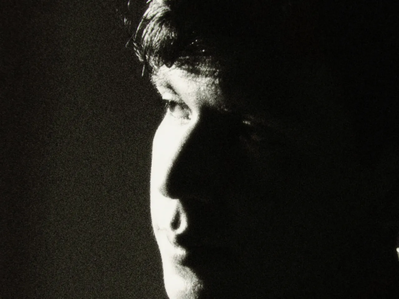 A young man in profile, half his face lit by hard window light, with softening at 50%, shown at 100%